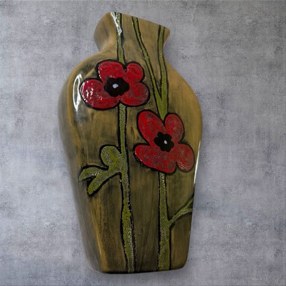 Handmade Studio Pottery Vase Red Poppy Flowers Signed JG 13 Mid-Century Style - Picture 4 of 11